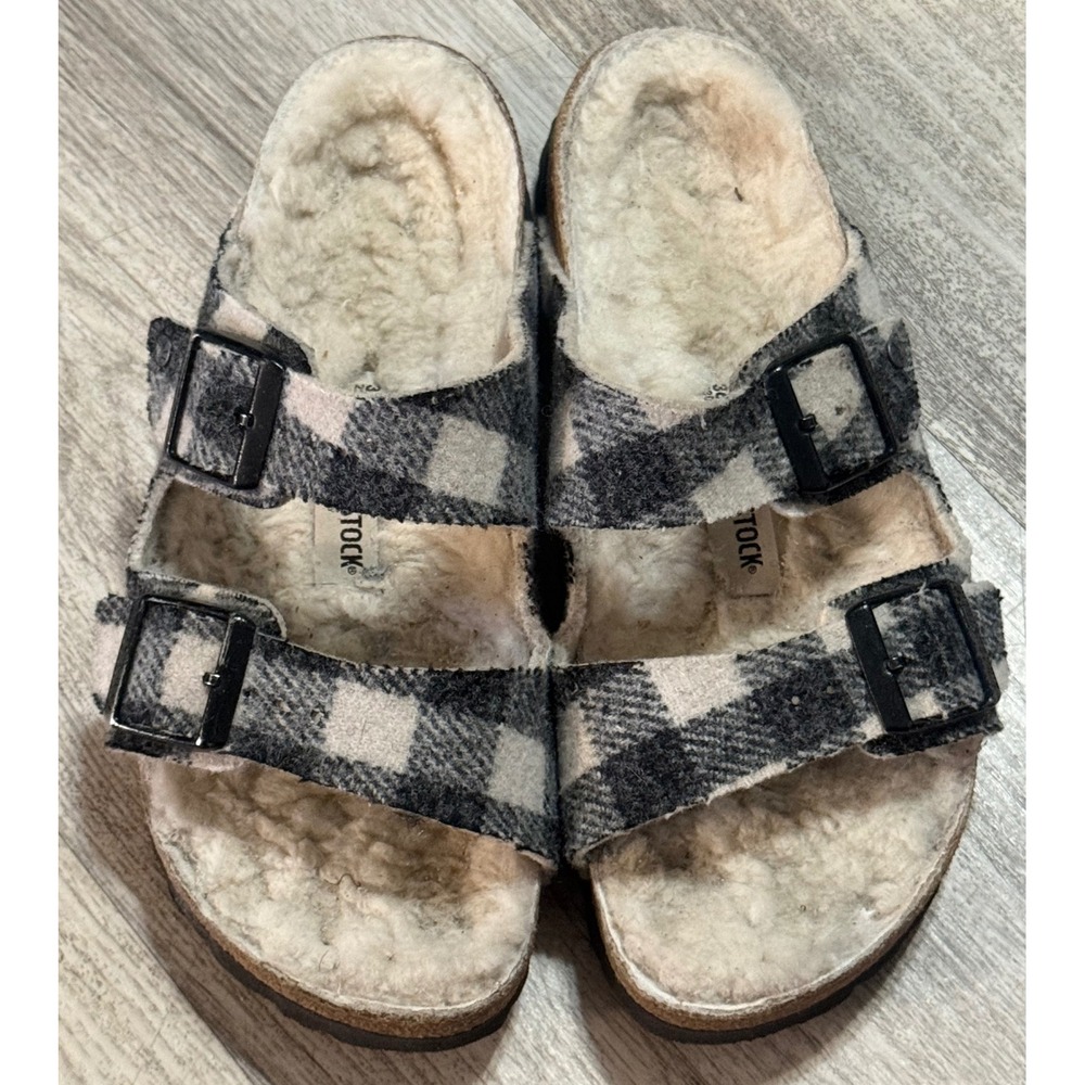Birkenstock Arizona Shearling Buffalo Plaid Sandals Black White Wool 36 L5